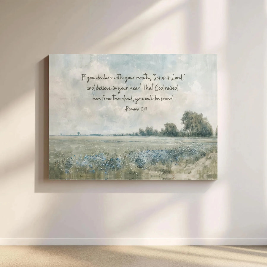 Romans 10:9 Bible Verse Wall Art | Watercolor Meadow Script Canvas Print | Premium Gallery-Wrapped Religious Decor | Christian Gift for Home