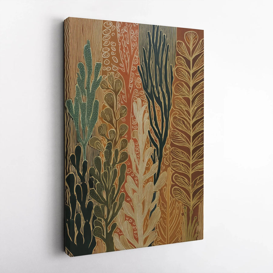 Abstract Botanical Vertical Canvas | Modern Linocut Style Plant Art | Premium Gallery Wrapped Wall Decor | Bohemian Home Decor Gift for Living Room