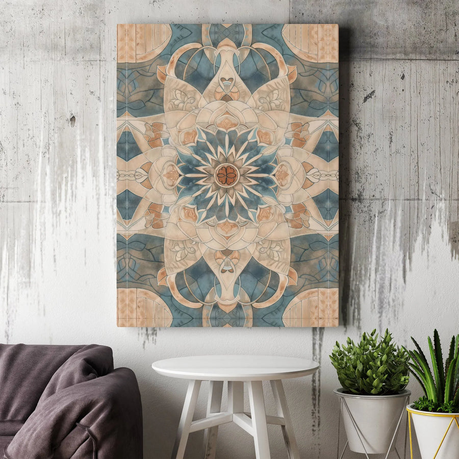Blue And Beige Mandala Canvas Print | Stained Glass Floral Wall Art | Gallery Quality Premium Decor | Bohemian Home Office Statement Piece