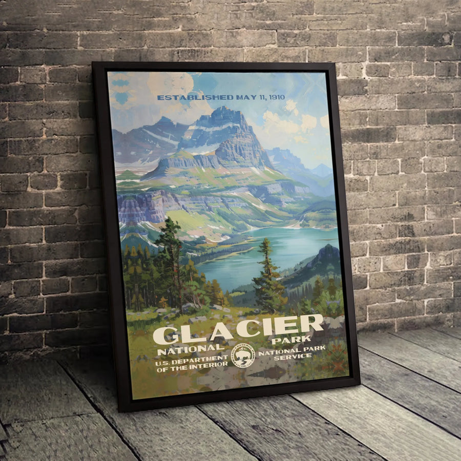 Glacier National Park Travel Poster | Vintage Montana Mountain Landscape Art | Premium Gallery Wrapped Canvas | National Park Gift for Hikers