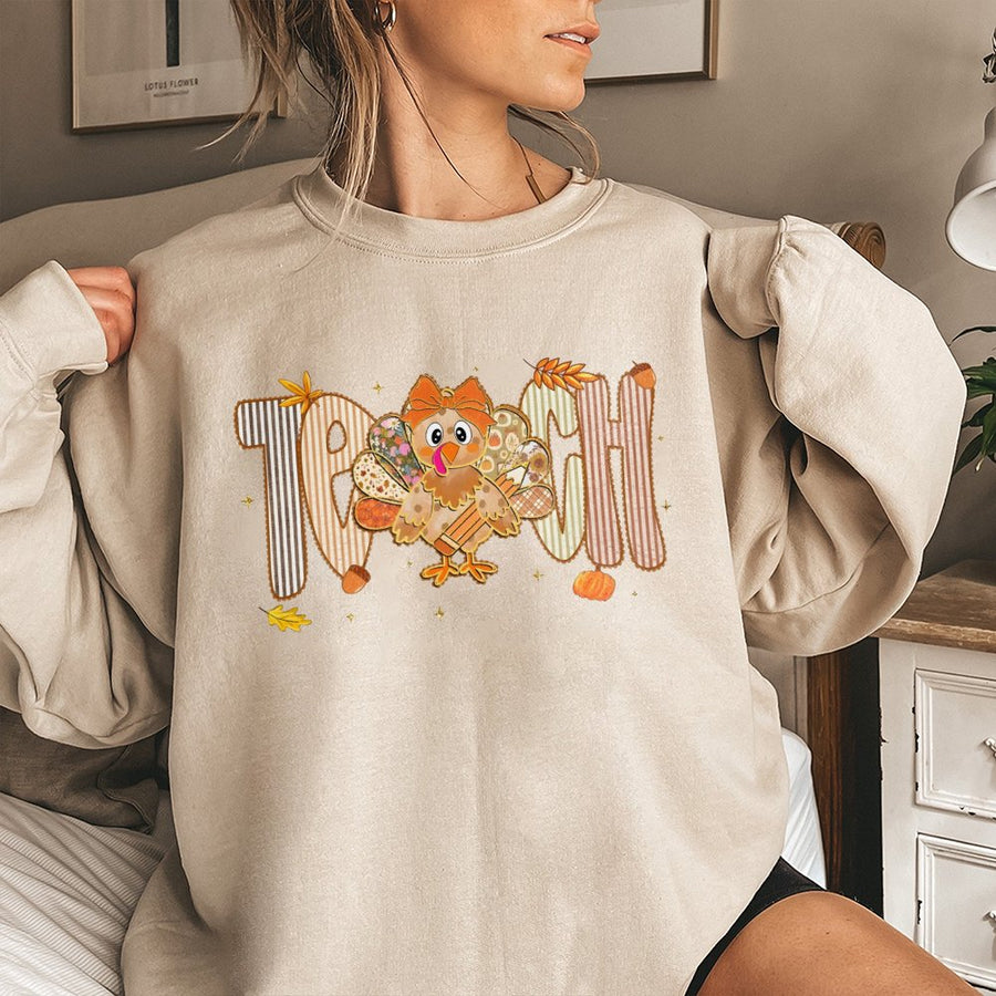 Teacher Turkey Sweatshirt | Preppy Fall Thanksgiving Design | Premium Cotton Blend Crewneck | Cute Teacher Gift for Women