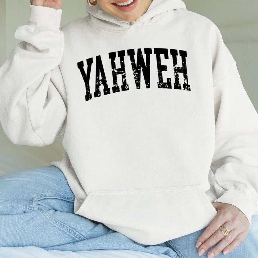 Yahweh Christian Hoodie | Distressed Collegiate Font Religious Design | Premium Cotton Blend | Faith-Based Gift for Believers