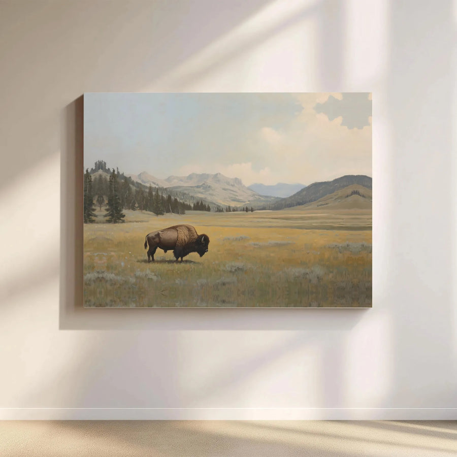 American Bison Canvas Art | Western Mountain Prairie Landscape Print | Premium Gallery Wrap 1.25 inch | Rustic Nature Home Decor Gift