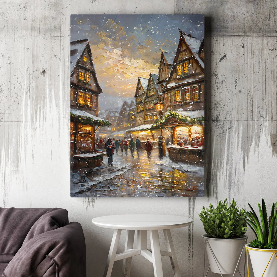 Christmas Market Canvas Print | Snowy European Old Town Oil Painting | Gallery Wrapped Wall Art | Festive Holiday Home Decor Gift