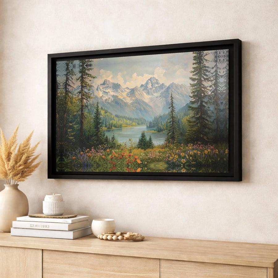 Mountain Lake Landscape Canvas Art | Wildflower Meadow Pine Forest Print | Premium Gallery-Wrapped Wall Decor | Nature-Inspired Home Gift