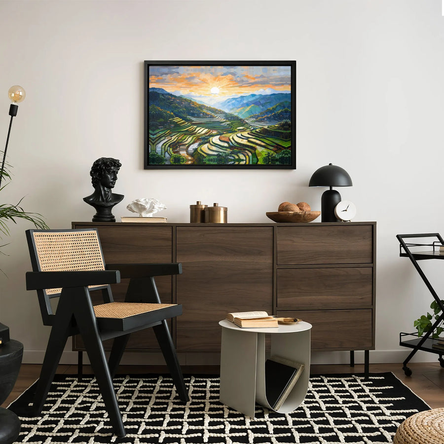 Terraced Rice Fields Canvas Print | Mosaic Landscape Wall Art | Gallery Wrapped Premium Material | Peaceful Sunrise Nature Decor for Home