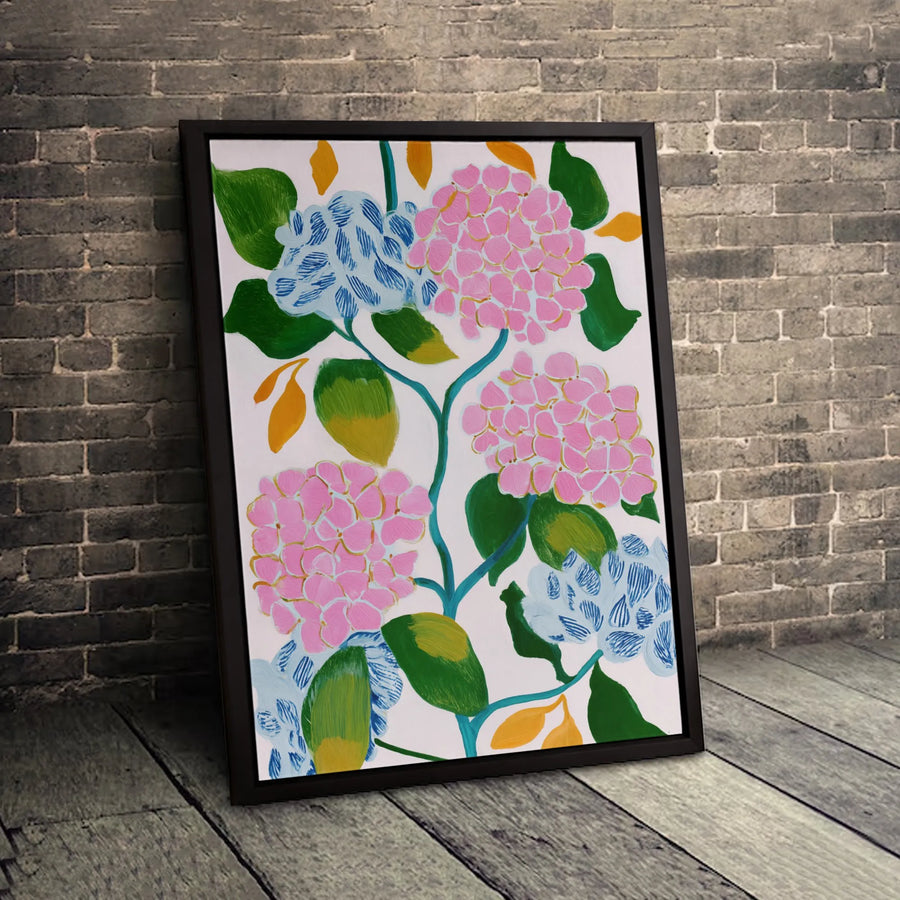 Hydrangea Floral Canvas Wall Art | Pink and Blue Botanical Painting | 1.25-Inch Premium Gallery Wrap | Modern Home Office Decor Gift