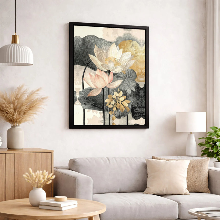 Abstract Lotus Flower Canvas Wall Art | Gold And Pink Botanical Print | Premium 1.25-Inch Gallery Wrap | Elegant Home Decor For Bedroom Or Living Room