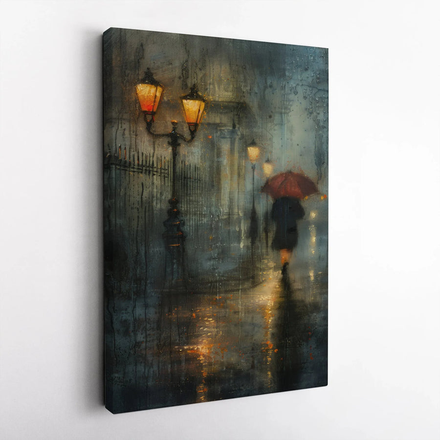 Rainy Night Painting Vertical Canvas | Abstract Woman with Red Umbrella Art | Premium Gallery Wrap Canvas | Moody Living Room Wall Decor Gift