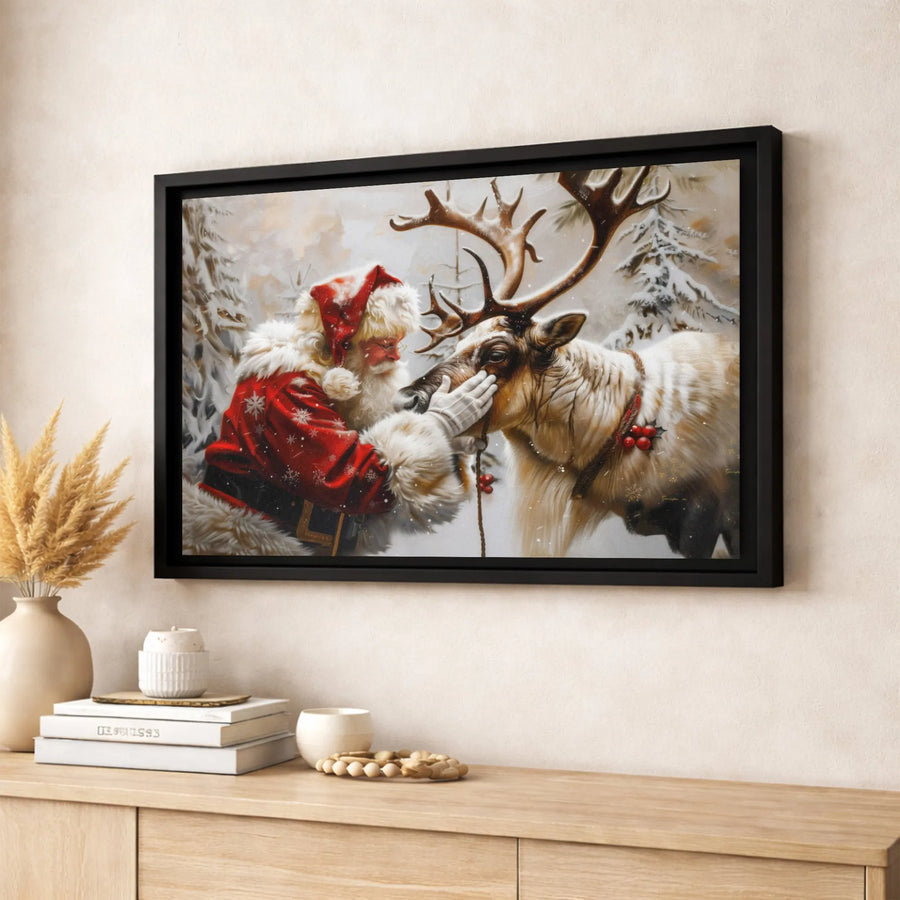 Santa Claus and Reindeer Wall Art | Snowy Forest Christmas Scene | Premium Gallery-Wrap Canvas | Holiday Home Decor Gift
