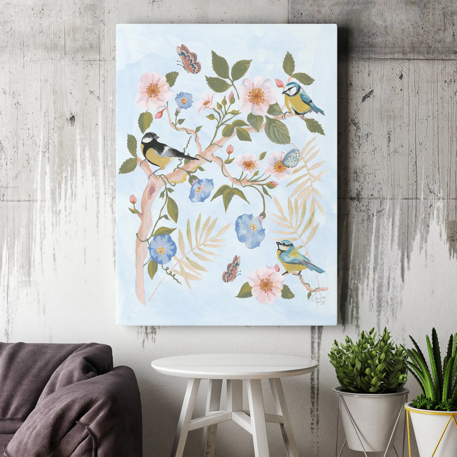 Chinoiserie Bird Canvas Print | Vintage Botanical Flower and Butterfly Art | Premium Gallery Wrapped Canvas | Cottagecore Living Room Wall Decor Gift
