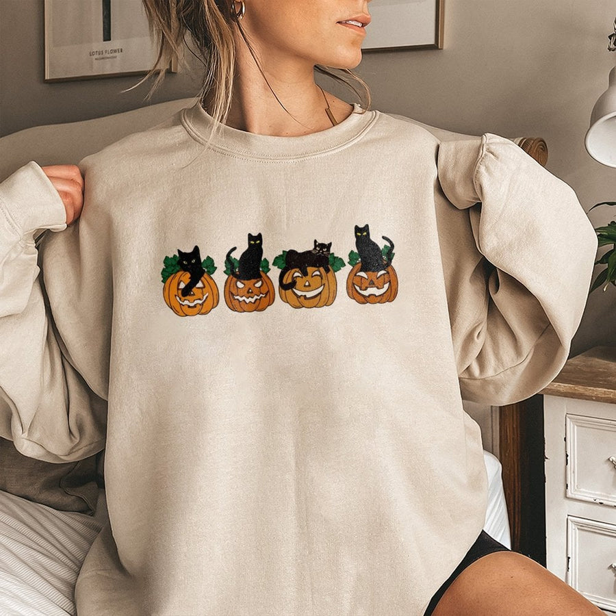 Black Cat Halloween Sweatshirt | Cute Jack-O-Lantern Pumpkin Graphic | Soft Cotton Blend Crewneck | Spooky Fall Gift for Cat Lovers