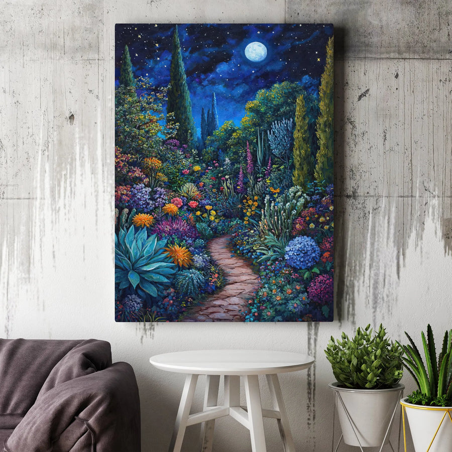 Enchanted Night Garden Canvas | Vibrant Floral Painting Print | Premium 1.25" Thick Gallery Wrap | Home Decor Gift for Nature Lovers