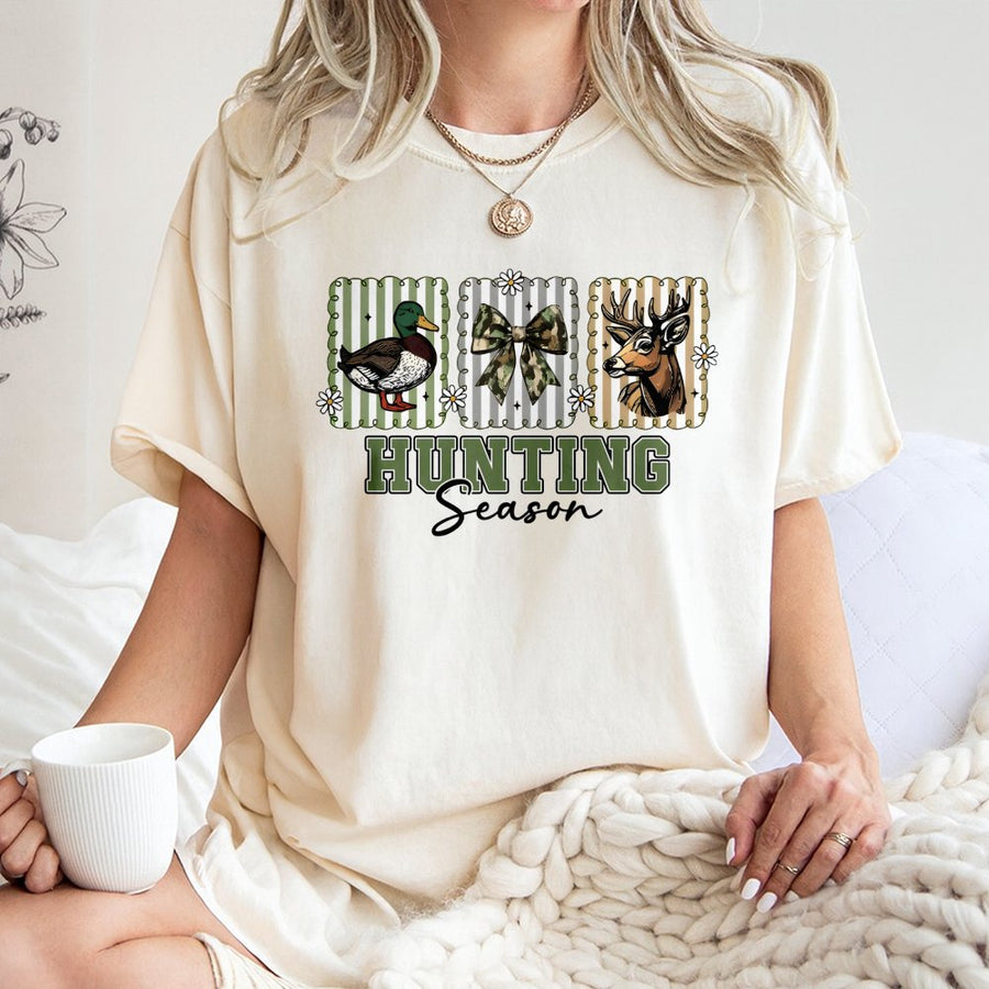 Hunting Season T-Shirt | Preppy Camo Bow Deer and Duck Design | 100% Cotton Premium Apparel | Cute Fall Gift for Women and Girls