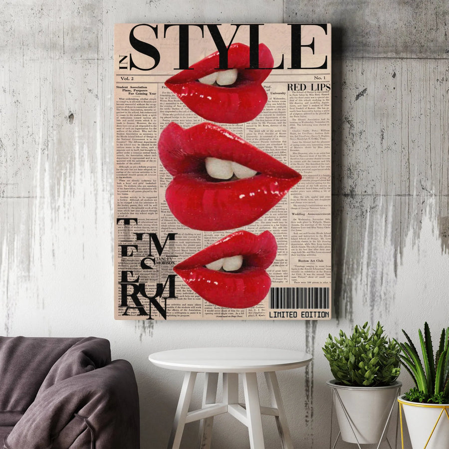 Red Lips Pop Art Wall Decor | Magazine Style Collage Print | 1.25 Inch Gallery Wrap Canvas | Trendy Fashion Wall Art for Home or Office