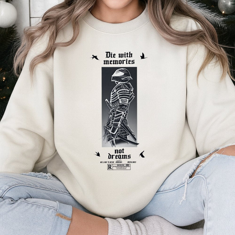 Samurai Warrior Sweatshirt | Die With Memories Not Dreams Graphic | Premium Cotton Blend Crewneck | Motivational Streetwear Gift for Him and Her