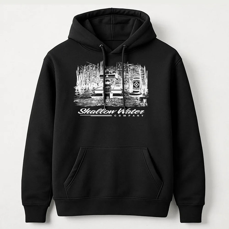 Shallow Water Boat Hoodie | Swamp Boating Graphic Design | Premium Cotton Blend | Gift for Angler and Outdoorsman