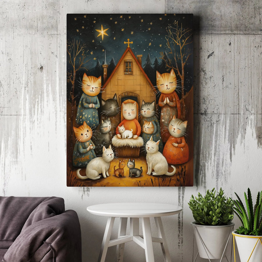 Cat Nativity Wall Art | Whimsical Kitten Christmas Scene | Premium Gallery-Wrapped Canvas Print | Religious Holiday Home Decor Gift