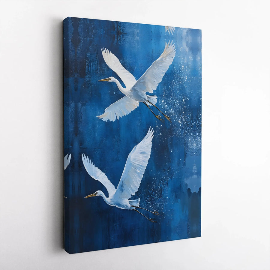 Flying Egret Canvas Wall Art | Abstract Blue Bird Painting | Premium Gallery Wrapped Print | Modern Coastal Home Decor Gift