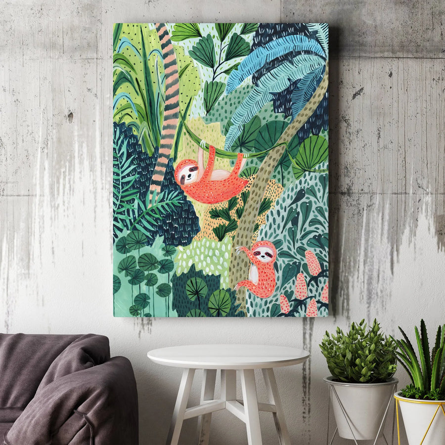 Sloth Wall Art | Whimsical Tropical Jungle Illustration | Premium Gallery Canvas | Nursery Decor or Living Room Gift