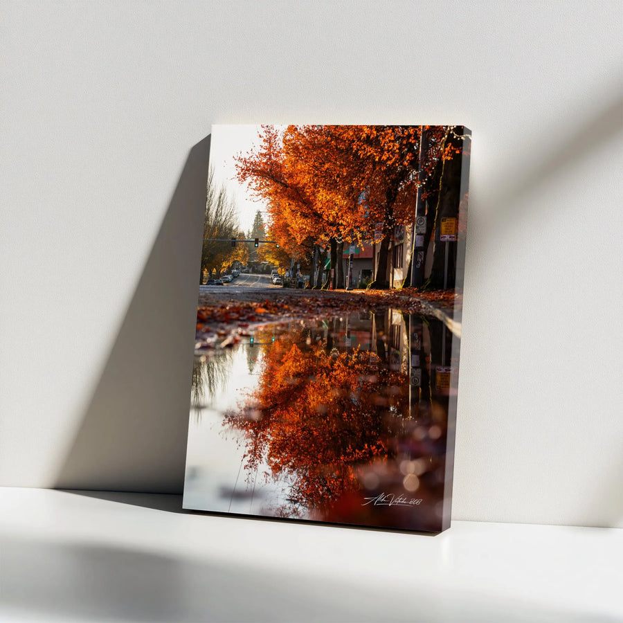 Autumn Street Reflection Canvas Print | Vibrant Fall Foliage Photography | Premium Gallery Wrapped Canvas | Modern Living Room & Office Decor Gift
