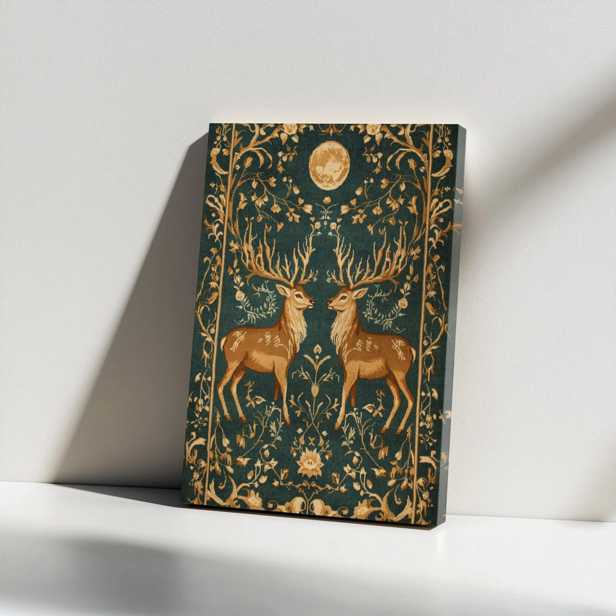 Two Stags Canvas Wall Art | Moonlit Woodland Deer Tapestry Design | Premium Gallery Wrap Print | Nature-Inspired Home Decor Gift