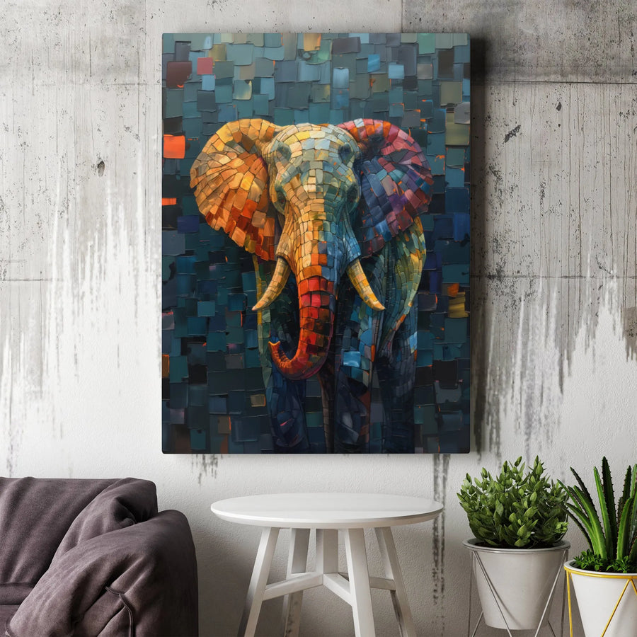 Colorful Elephant Canvas Art | Abstract Mosaic Animal Wall Decor | 1.25" Gallery Wrap Premium Print | Wildlife Home Office Gift
