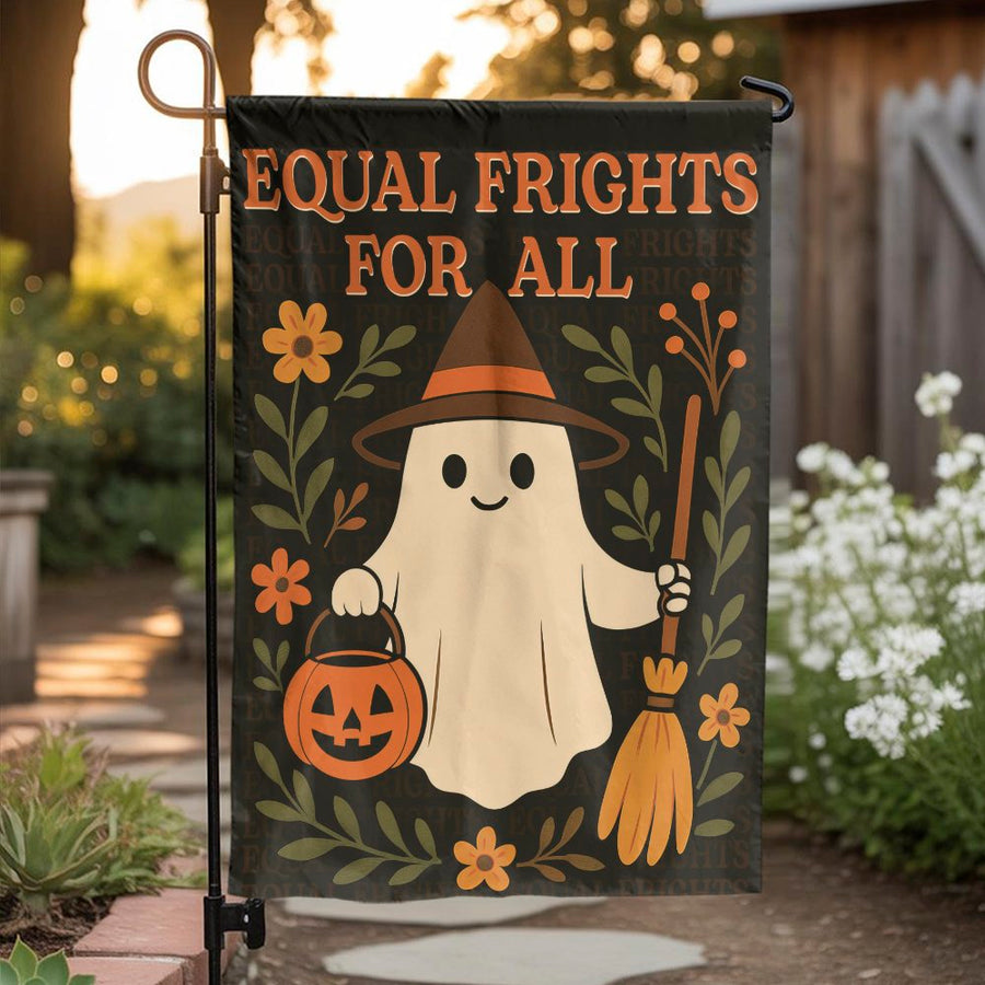 Equal Frights For All Garden Flag | Cute Ghost Witch Halloween Decor | Weather-Resistant Polyester | Seasonal Yard Sign Gift