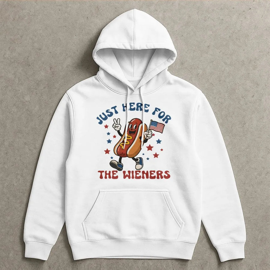 Funny 4th of July Hoodie | Just Here For The Wieners Slogan | Premium Soft Cotton Blend | Patriotic BBQ Party Gift for Men & Women