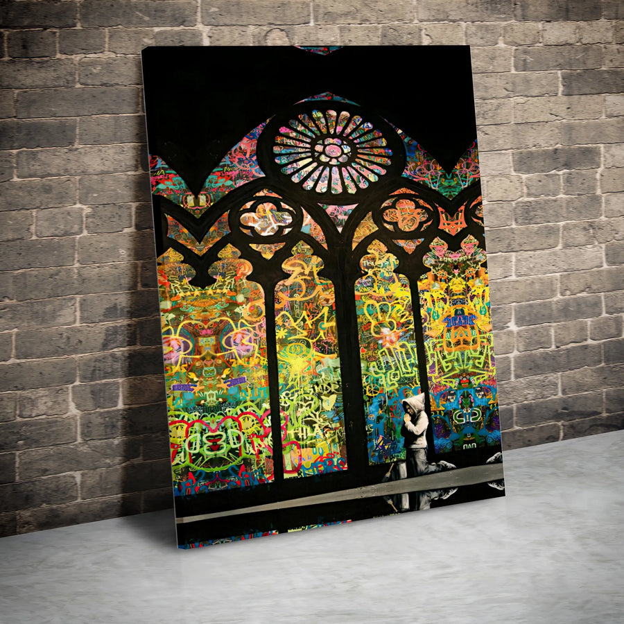 Graffiti Stained Glass Cathedral Canvas Art | Urban Praying Child Wall Decor | Premium 1.25" Gallery Wrap | Modern Artistic Home Gift