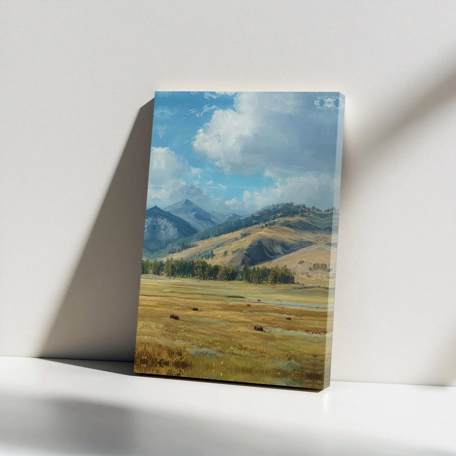 Mountain Landscape Vertical Canvas | Scenic Wild Bison Valley Oil Painting Style Art | Premium 1.25" Thick Gallery Wrap | Rustic Nature Lover Gift