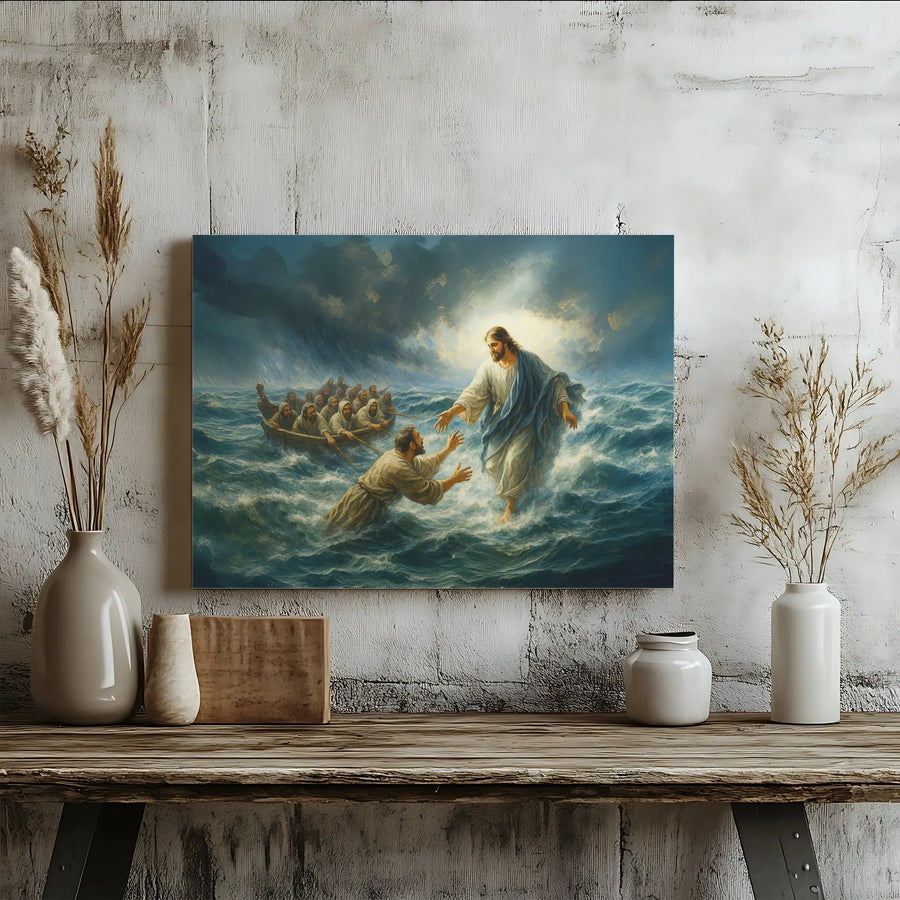 Jesus Walking on Water Canvas Print | Jesus Saving Peter in Stormy Sea | Premium Christian Wall Art | Inspirational Faith Home Decor Gift