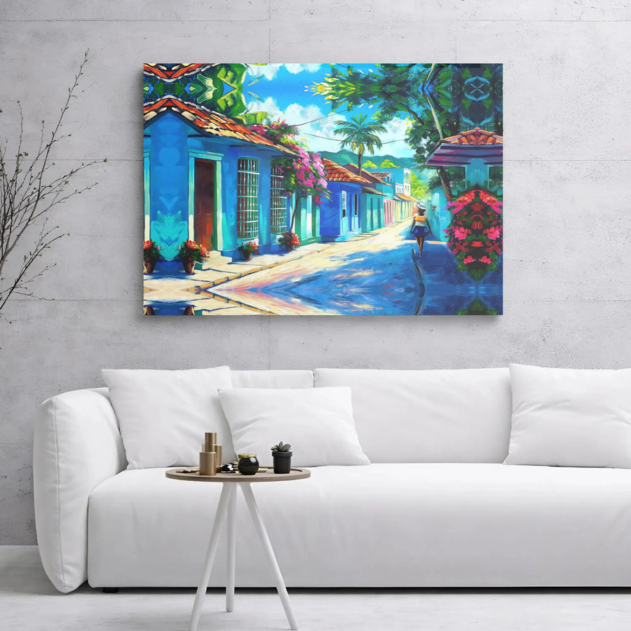 Caribbean Street Canvas Wall Art | Vibrant Tropical Town Oil Painting Style | 1.25-Inch Gallery Wrap | Coastal Decor Gift for Home or Office