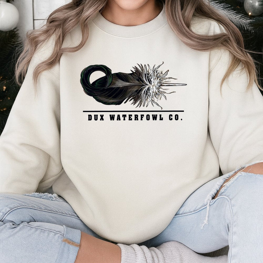 Dux Waterfowl Co. Mallard Feather Sweatshirt | Minimalist Duck Hunting Graphic | Premium Cotton Blend | Outdoor Apparel Gift for Hunters