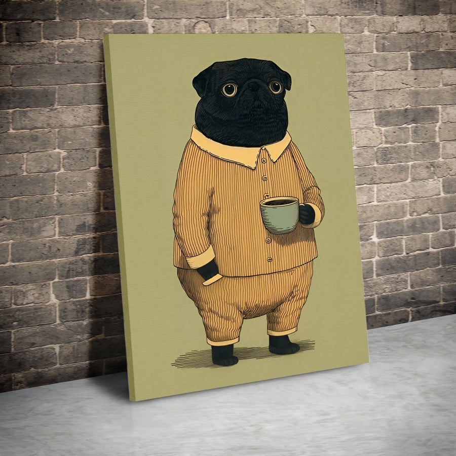 Black Pug Canvas Print | Funny Dog in Pajamas Drinking Coffee | Premium Gallery Wrap Art | Quirky Home Decor Gift for Pug Lover