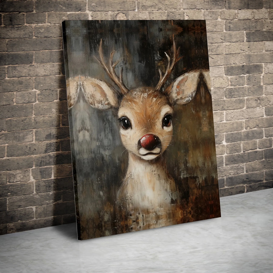 Red Nosed Reindeer Canvas Art | Vintage Style Baby Deer Portrait | Premium Gallery Wrapped Print | Holiday Wall Decor Gift for Kids