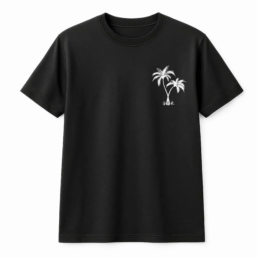 Palm Tree Graphic T-Shirt | Minimalist Tropical Pocket Logo | Premium Heavyweight Cotton | Unisex Summer Beach Vacation Gift