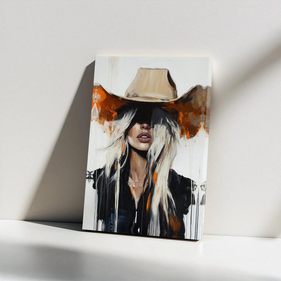 Cowgirl Canvas Wall Art | Abstract Western Portrait with Cowboy Hat | Premium Gallery Wrapped Print | Modern Farmhouse Home Decor Gift