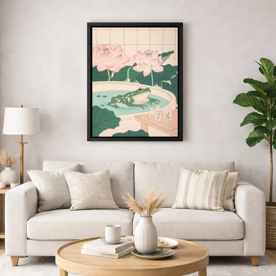 Japanese Frog Wall Art | Ukiyo-e Style Bathing Frog with Lotus Flowers | Premium Gallery Wrap Canvas | Unique Home Decor Gift