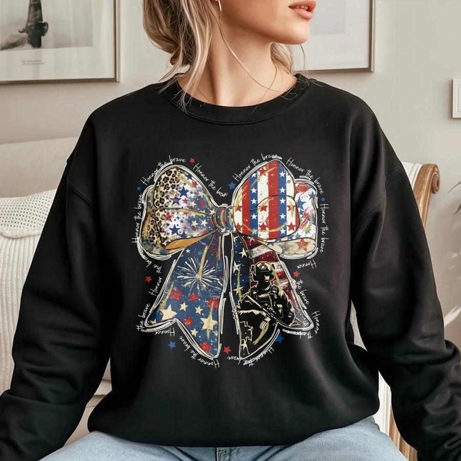 Patriotic Coquette Sweatshirt | Honor The Brave American Flag Bow Graphic | Soft Unisex Crewneck | Memorial Day & 4th of July Military Gift