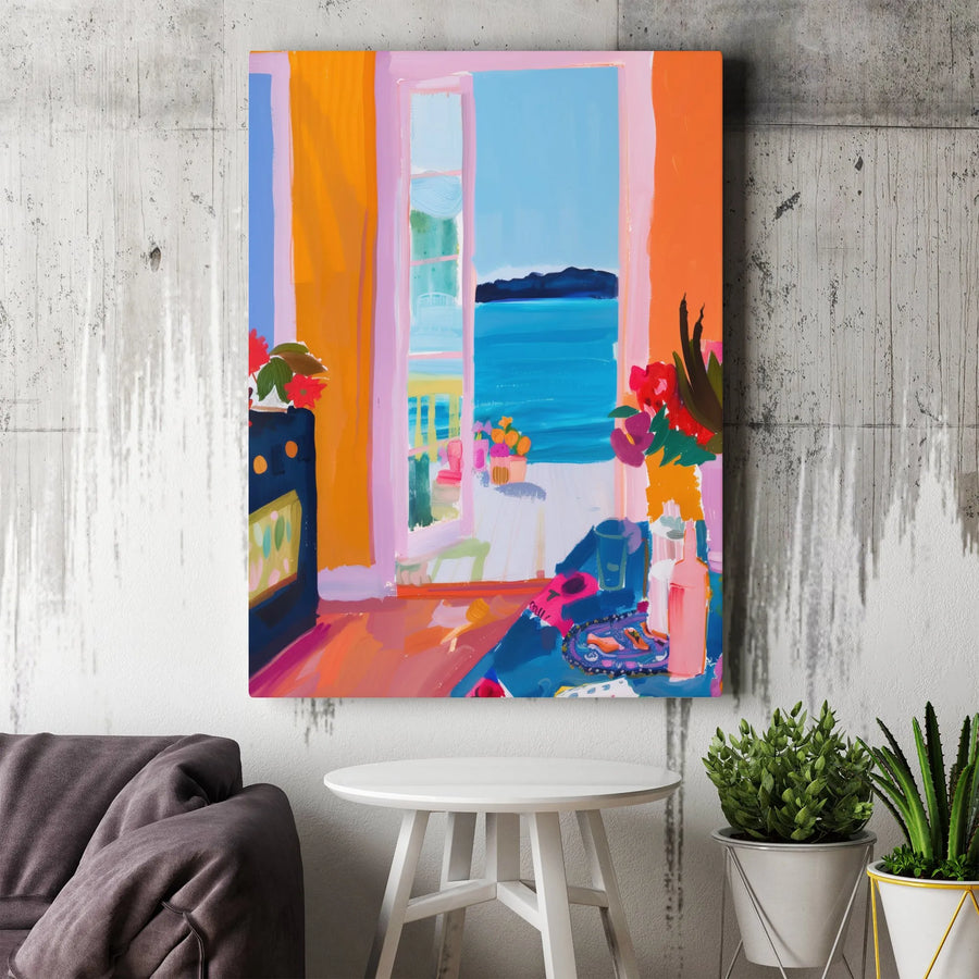 Abstract Coastal Window Canvas Print | Vibrant Fauvist Style Seascape Painting | Premium Gallery Wrapped Canvas | Modern Bohemian Living Room Decor Gift