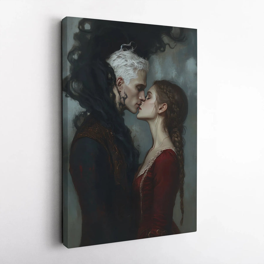 Dark Fantasy Romance Canvas Print | Gothic Couple Kissing Wall Art | Premium Gallery-Wrapped Portrait | Moody Bedroom Decor Gift for Her