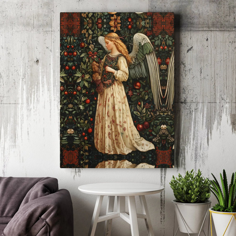 Christmas Angel Wall Art | Arts and Crafts Style Foliage Print | Premium Gallery Wrapped Canvas | Holiday Home Decor Gift