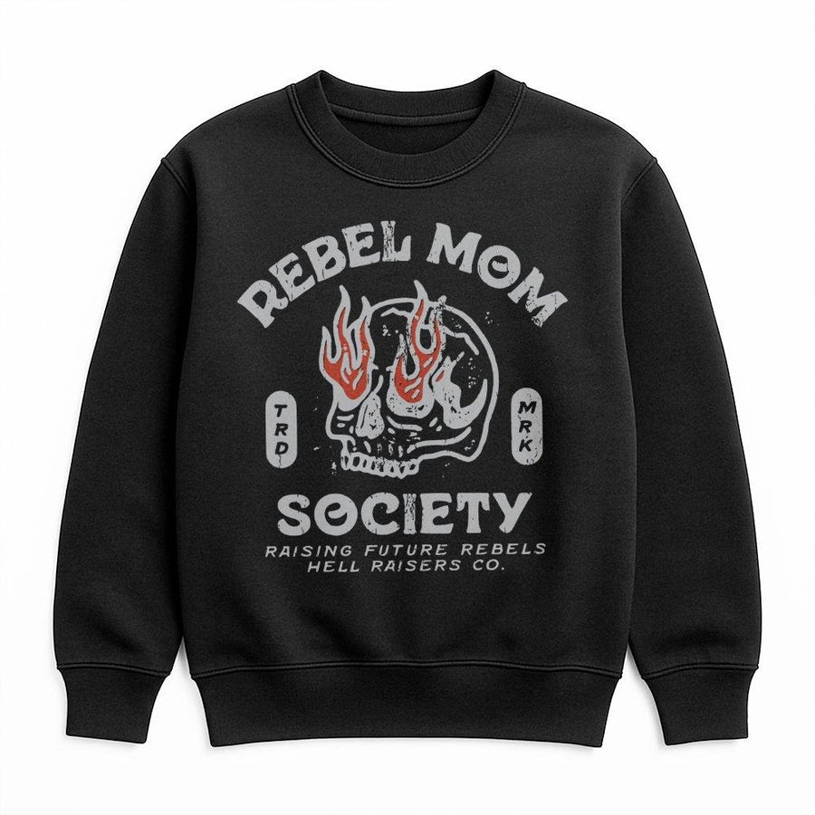 Rebel Mom Society Sweatshirt | Retro Grunge Skull Graphic Design | Premium Cotton Blend Comfort | Edgy Mama Gift for Cool Moms