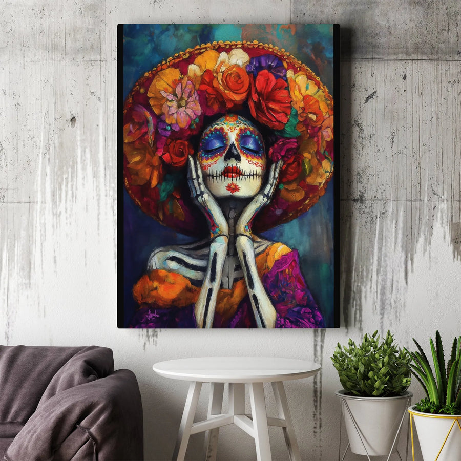 Day Of The Dead Canvas Art | Floral Sugar Skull Woman In Sombrero | Premium 1.25” Gallery Wrap | Mexican Heritage Home Decor Gift