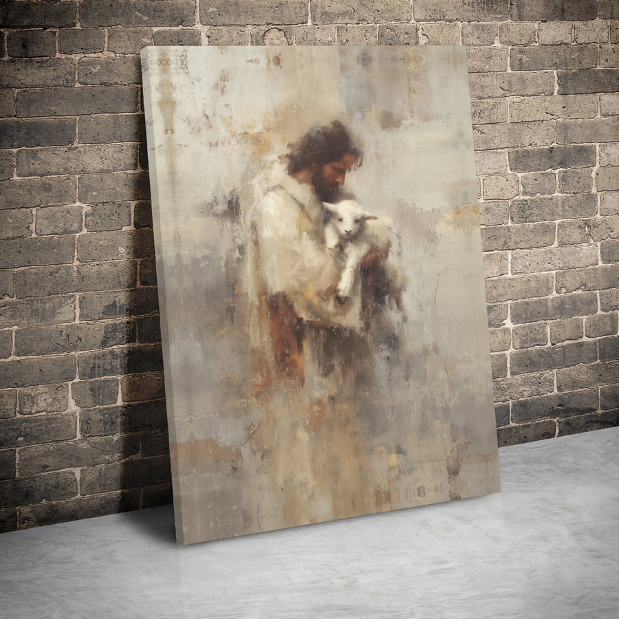 Jesus Holding Lamb Canvas Print | Good Shepherd Abstract Wall Art | Premium Gallery Wrap Decor | Religious Gift for Home Office