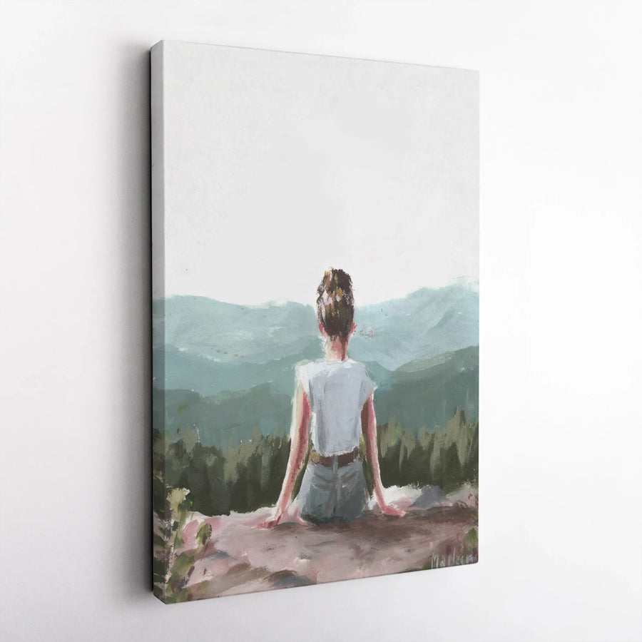 Woman Overlooking Mountains Vertical Canvas | Impressionist Landscape Painting | Premium Thick Gallery Wrap Wall Art | Inspirational Decor Gift for Hiker