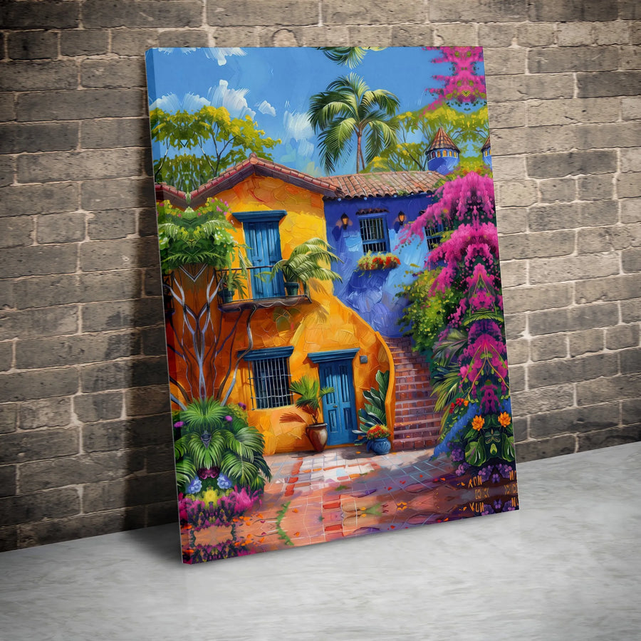 Mexican Hacienda Wall Art | Vibrant Mediterranean Villa Canvas Print | Premium Gallery Wrapped Decor | Tropical Garden Home Gift