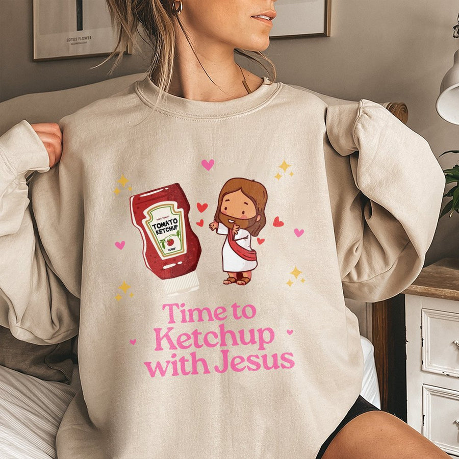 Time To Ketchup With Jesus Sweatshirt | Cute Faith-Based Pun Graphic | Premium Cotton Blend Crewneck | Religious Gift For Christian Friends