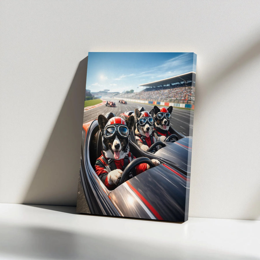 Corgi Racing Canvas Print | Funny Dog Race Car Drivers Wall Art | Premium Gallery Quality Canvas | Unique Gift for Corgi Lover and Man Cave Decor